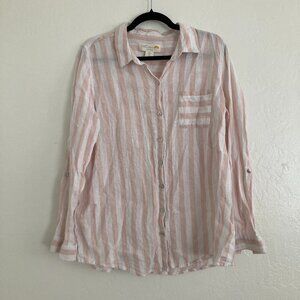 C&C California 100% Linen Striped Button Down Top White Pink Beach Nautical L
